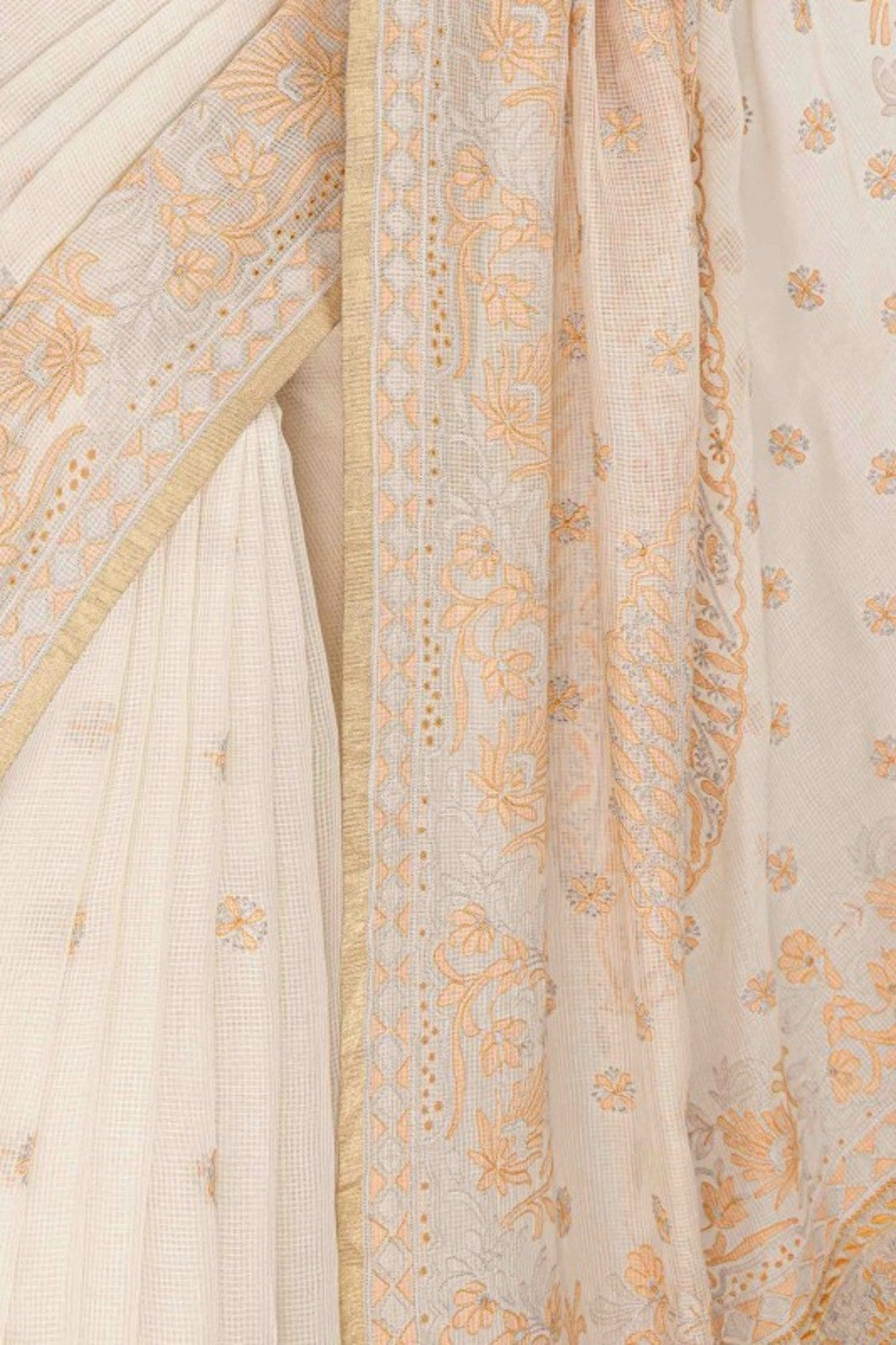Ada Hand Embroidered Cream Chanderi Lucknowi Chikankari Saree With Blouse A148719