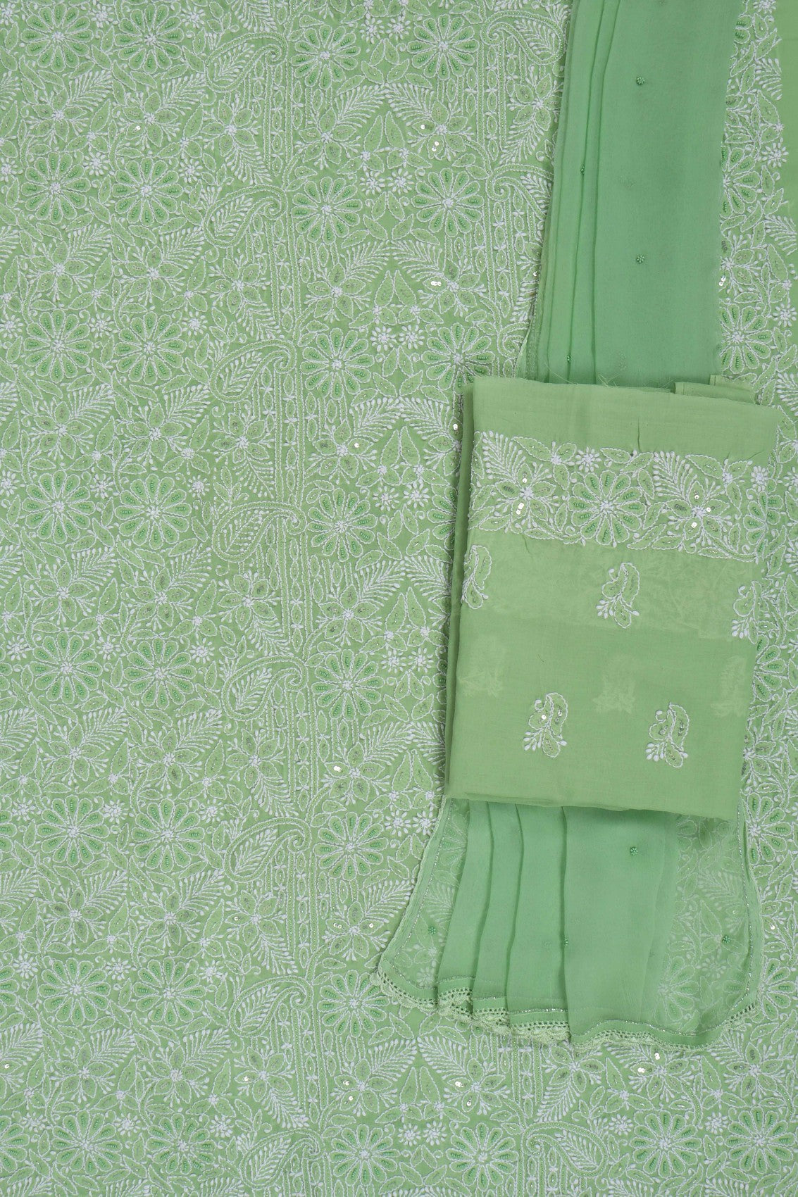 Ada Hand Embroidered Green Cotton Lucknowi Chikankari Unstitched Suit Piece With Pearl Work A620498