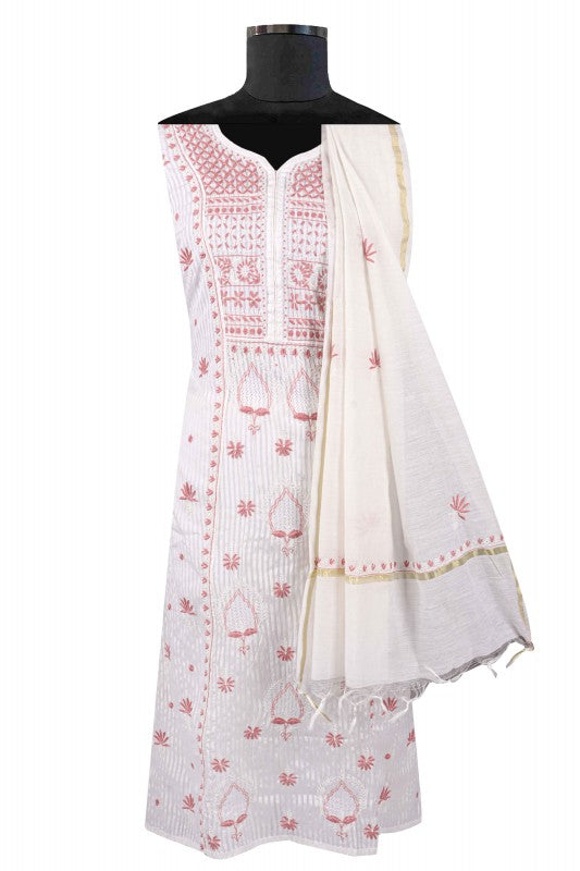 Ada Hand Embroidered White Chanderi Lucknowi Chikankari Unstitched Anarkali Kurta Dupatta Set 01A138196