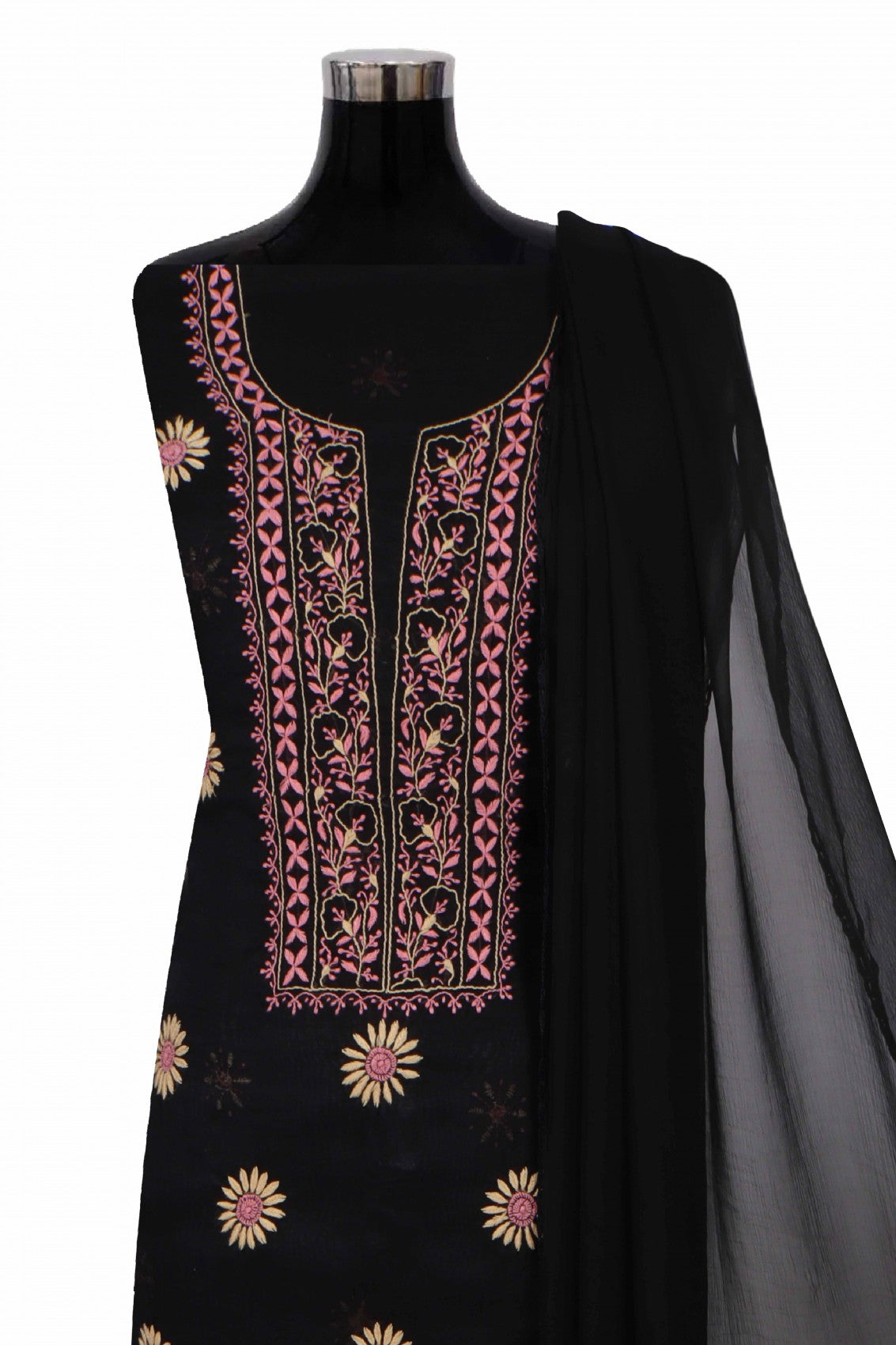 Ada Hand Embroidered Black Chanderi Lucknowi Chikan Unstitched Kurta Dupatta Set A609249