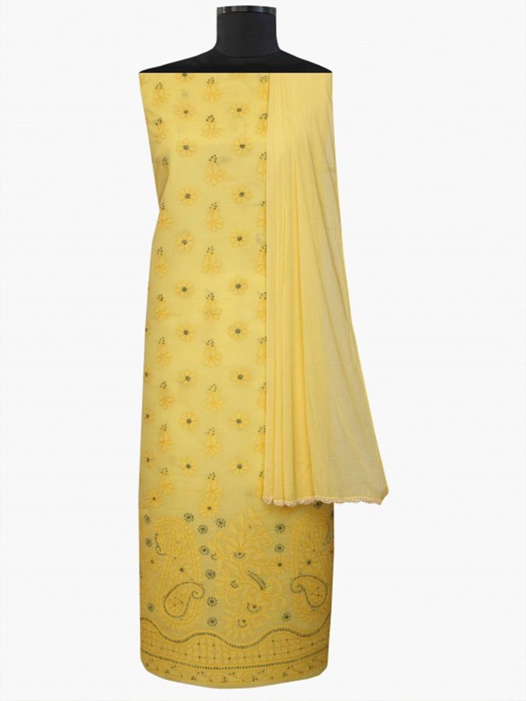 Ada Hand Embroidered Yellow Cotton Lucknowi Chikan Unstitched Suit Piece A100251