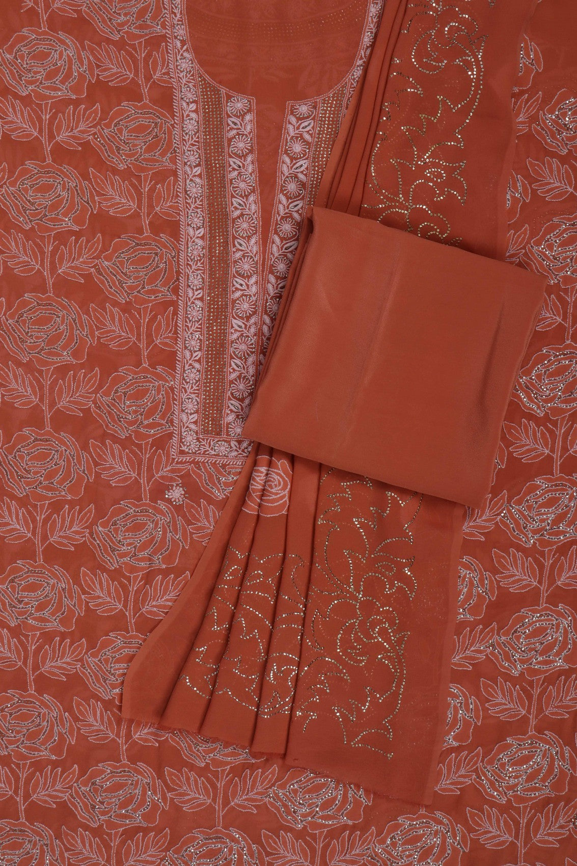 Ada Hand Embroidered Rust Pure Georgette Lucknowi Chikankari Unstitched Suit Piece With Muqaish Work A561330
