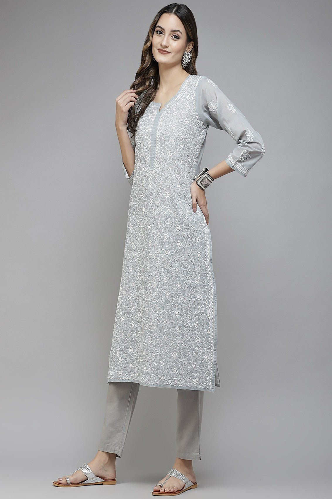Ada Hand Embroidered Grey Cotton Lucknowi Chikankari Straight Kurta A411386