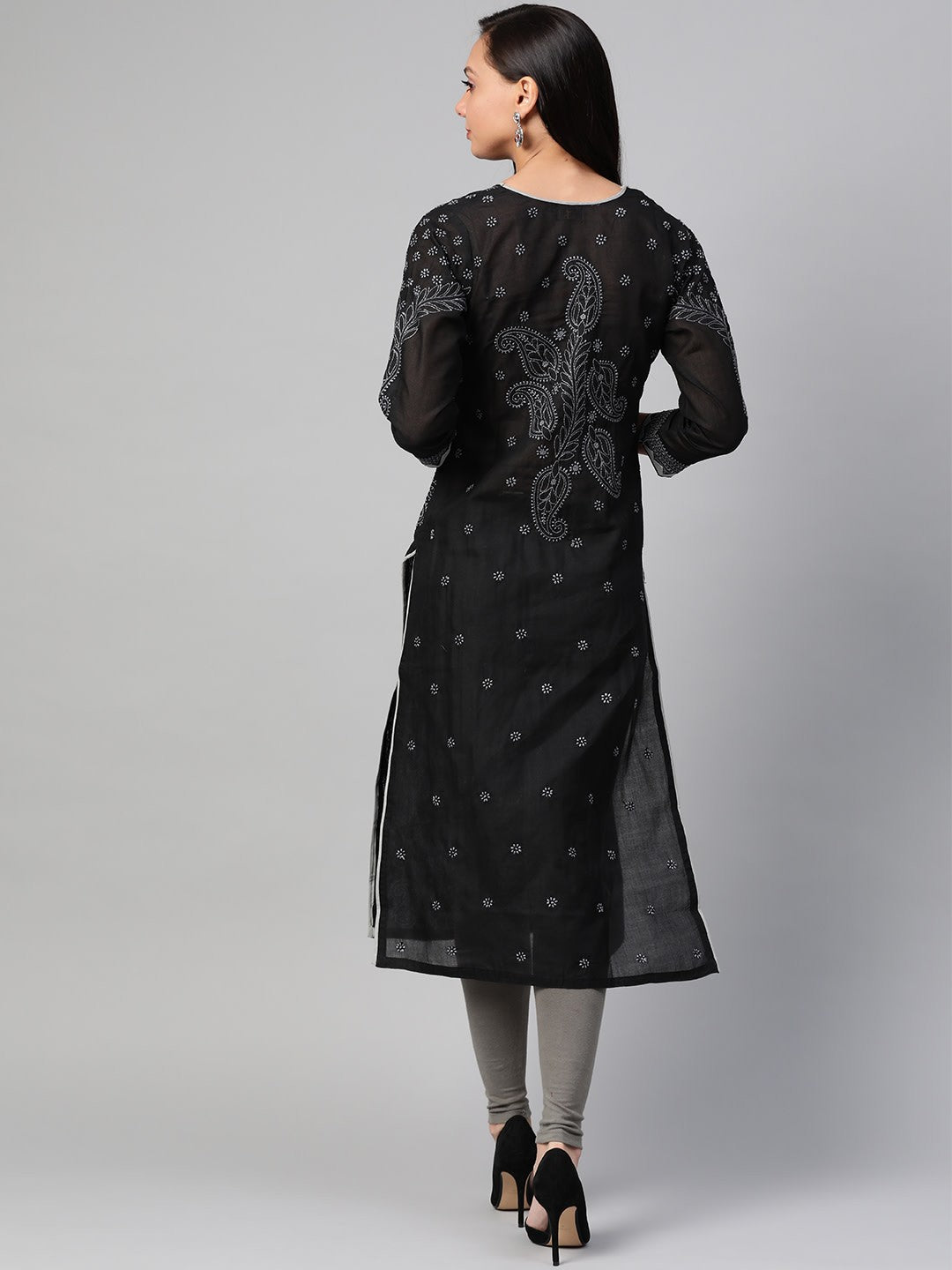 Ada Hand Embroidered Black Cotton Lucknow Chikan Kurta - A100440