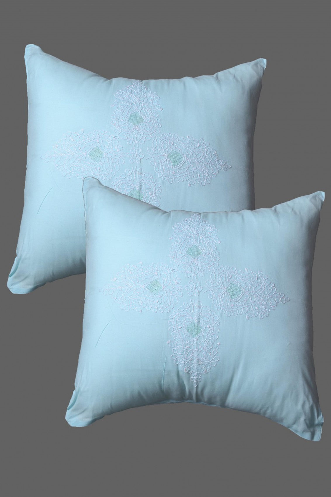 Ada Hand Embroidered Sky Blue Cotton Lucknowi Chikankari Cushion Cover Set of 2 01A122091