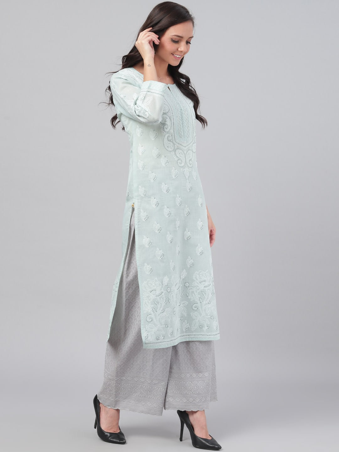 Ada Hand Embroidered Grey Cotton Lucknowi Chikankari Straight Kurta A230001