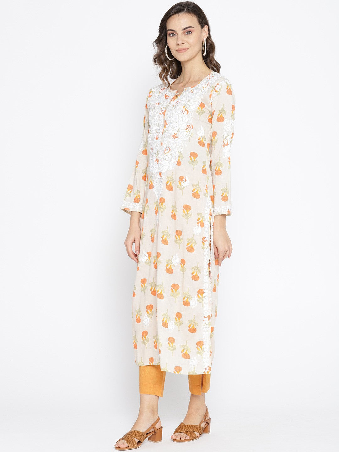 Ada Hand Embroidered Fawn Orange Cotton Lucknowi Chikankari Straight Kurta- A100035