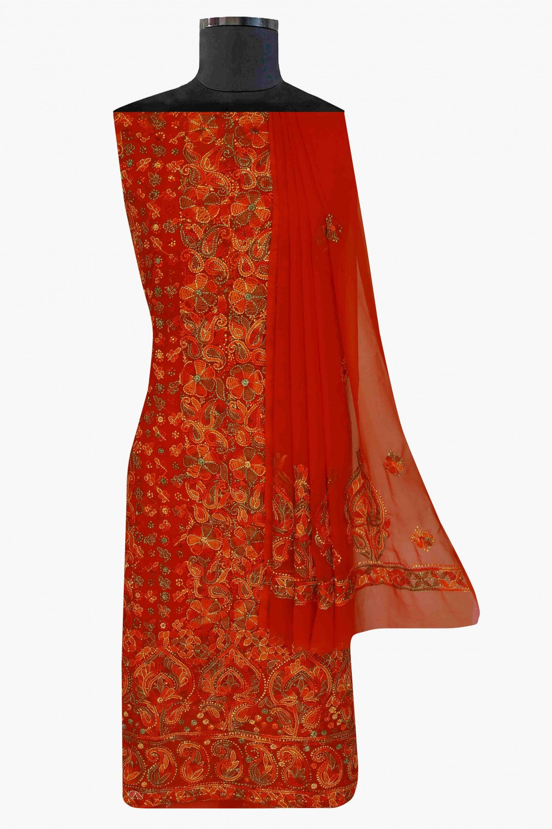 Ada Hand Embroidered Red Georgette Lucknowi Chikankari Unstitched Suit Piece A211171