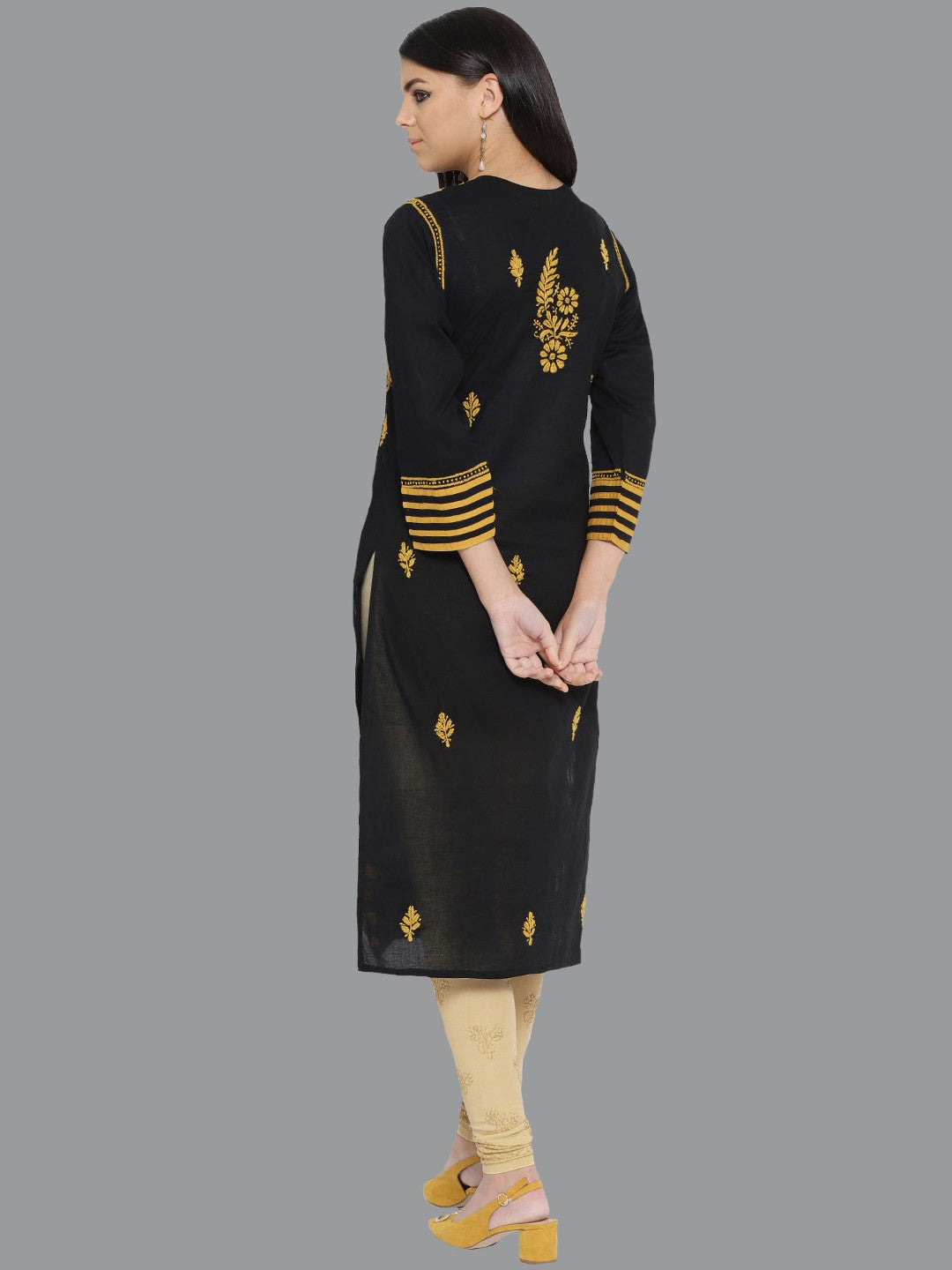 Ada Hand Embroidered Black Cotton Lucknowi Chikankari Kurta with Churidar Set A100014