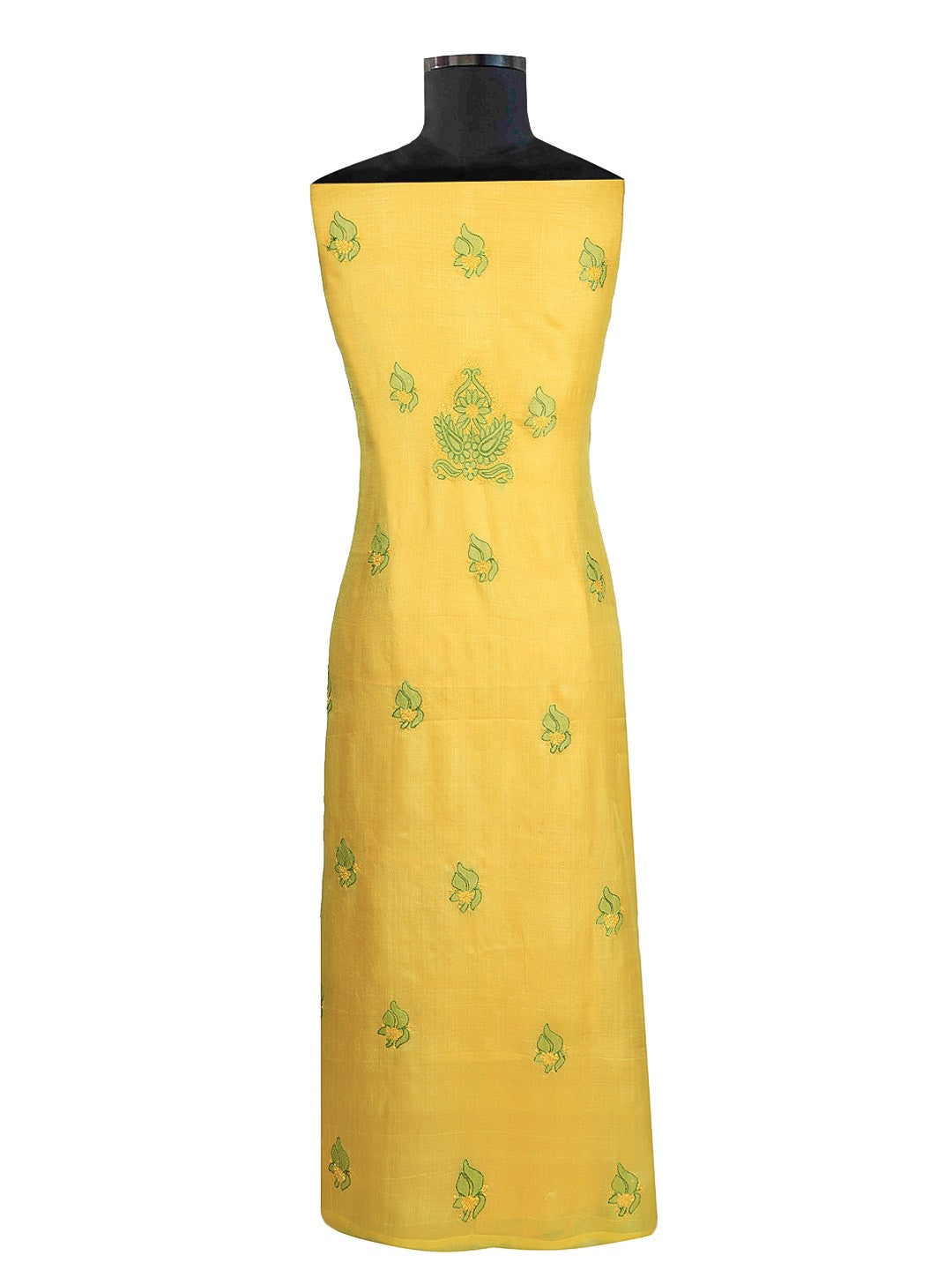 Ada Hand Embroidered Lemon Silk Lucknowi Chikan Unstitched Suit Piece–A608350