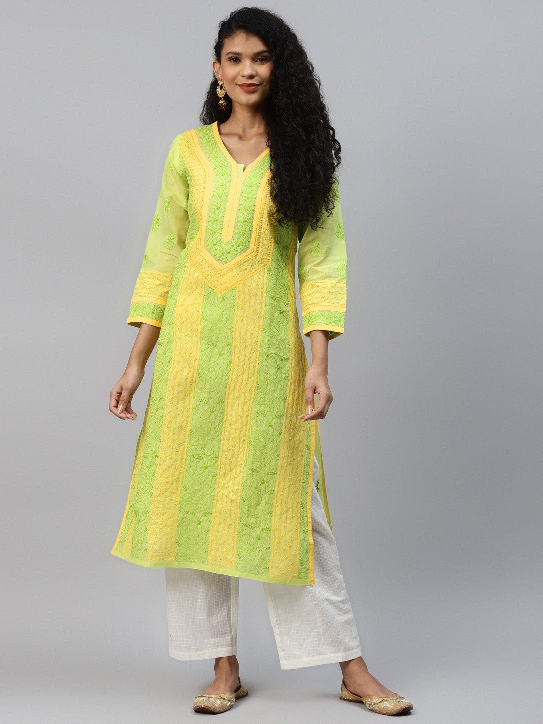 Ada Hand Embroidered Green Cotton Lucknow Chikan Kurta- A273453