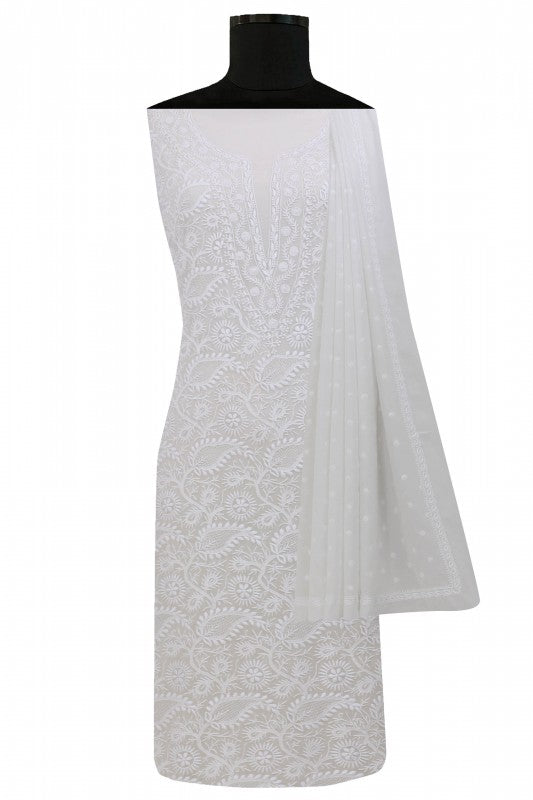 Ada Hand Embroidered White Pure Georgette Lucknowi Chikan Unstitched Kurta Dupatta Set A541409