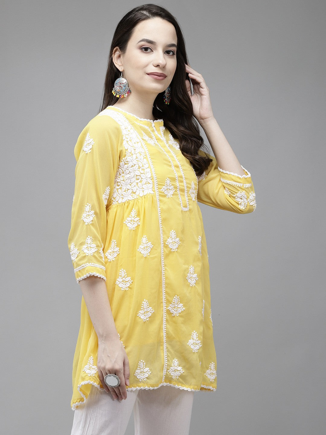 Ada Hand Embroidered Yellow Georgette Lucknowi Chikankari Flared Kurti With Slip A911145