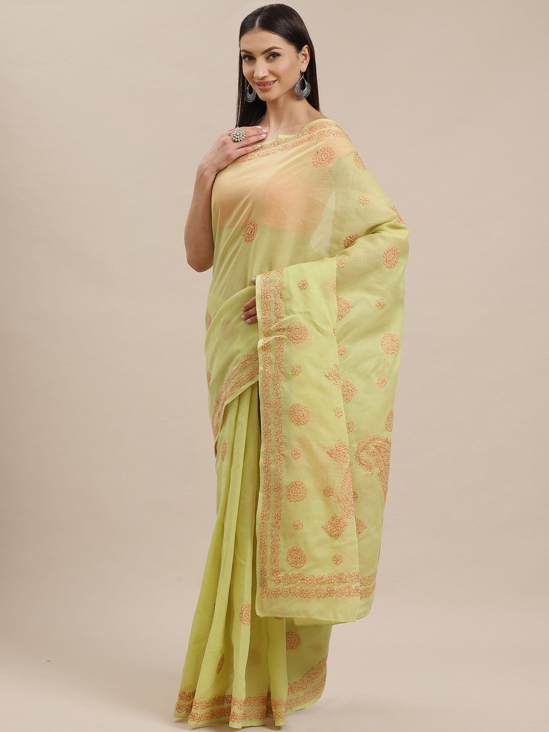 Ada Hand Embroidered Green Cotton Lucknow Chikan Saree With Blouse- A311165
