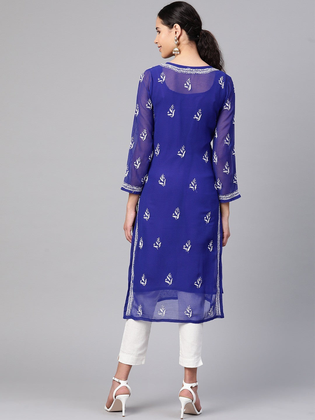 Ada Hand Embroidered Royal Blue Georgette Lucknowi Chikankari Straight Kurta with Slip A100347