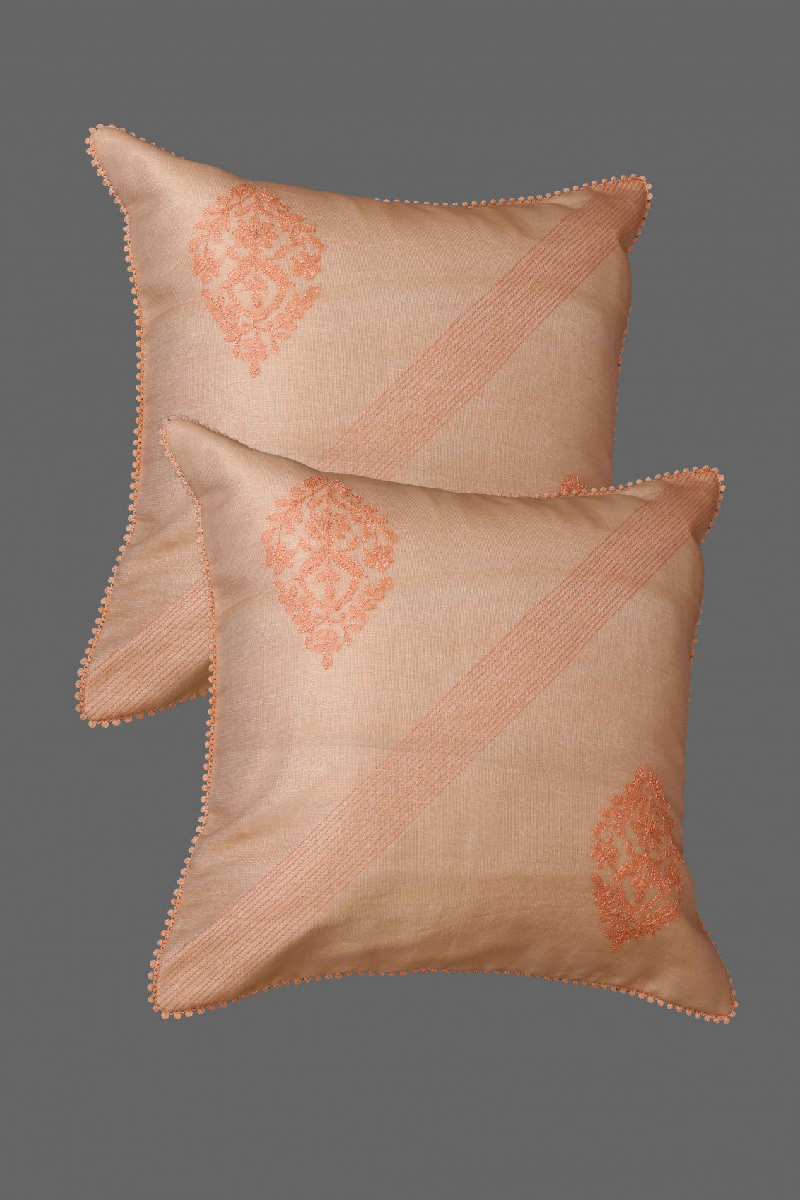 Ada Hand Embroidered Soft Peach Tissue Lucknowi Chikankari Cushion Cover Set Of 2 01A48544