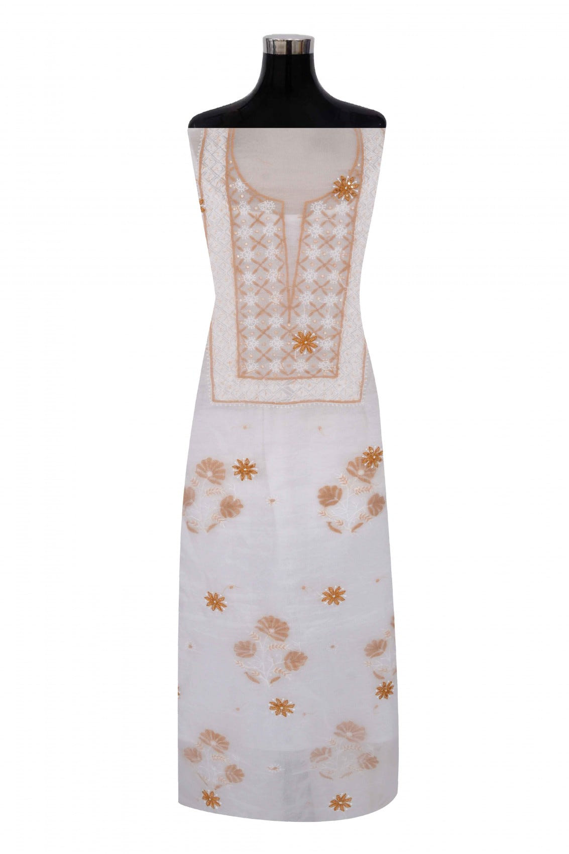 Ada Hand Embroidered White Organza Lucknowi Chikankari Unstitched Kurta Dupatta Set With Pearl Work 01A91594