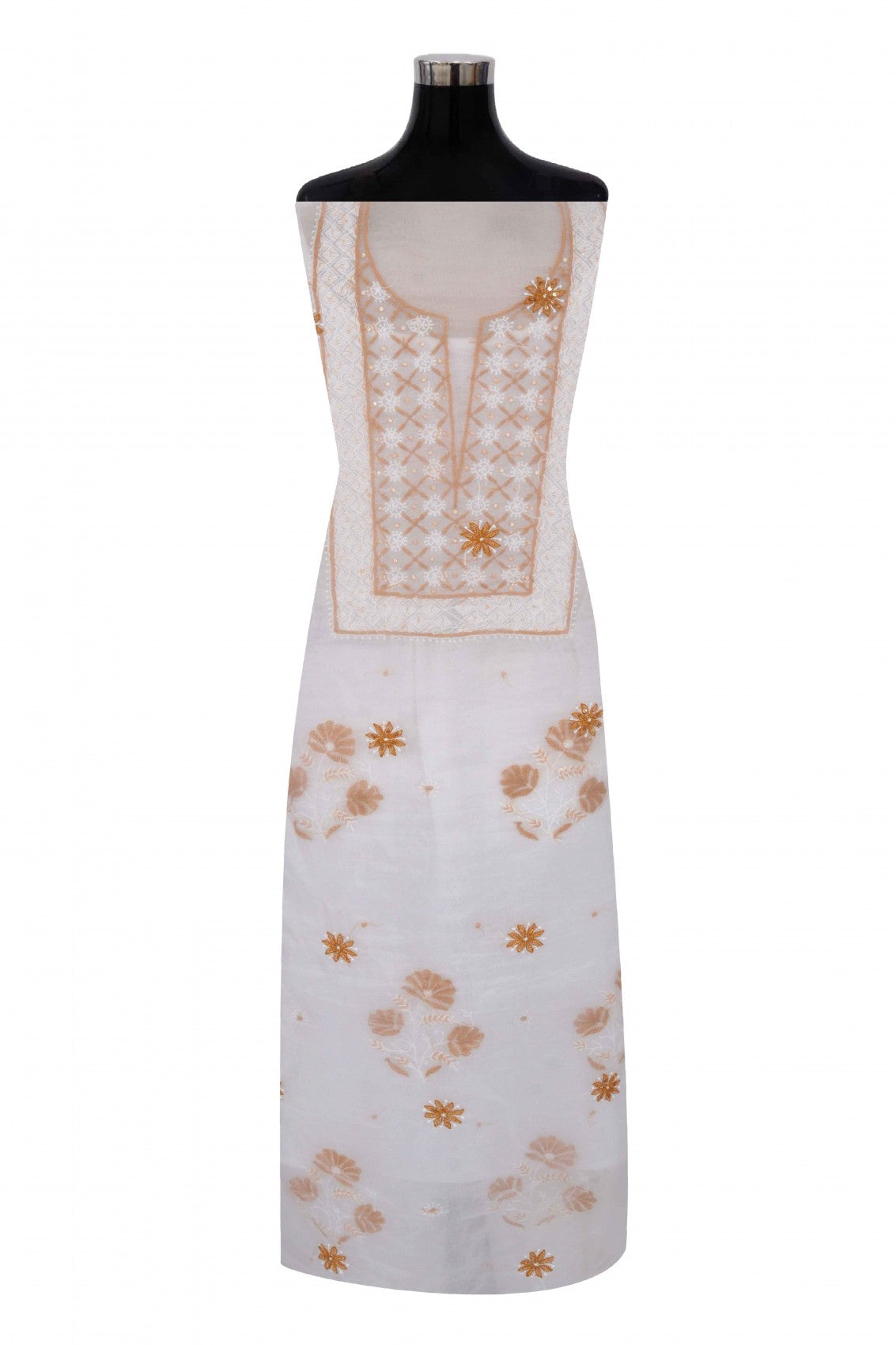 Ada Hand Embroidered White Organza Lucknowi Chikankari Unstitched Kurta Dupatta Set With Pearl Work 01A91594