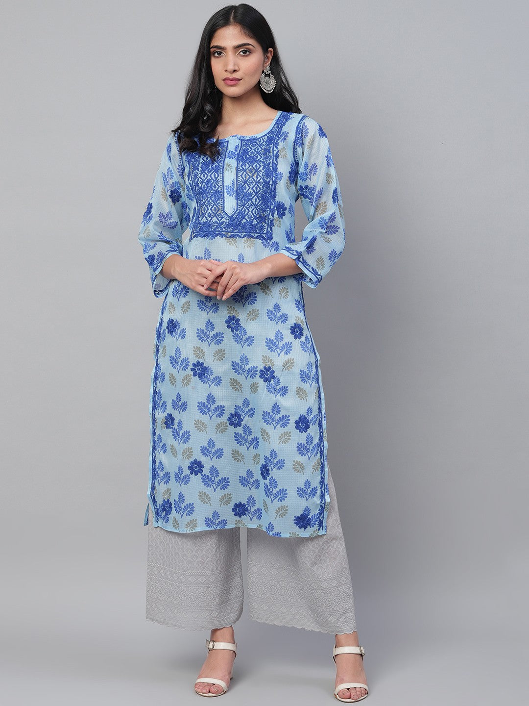 Ada Hand Embroidered Blue Kota Lucknowi Chikankari Straight Kurta A100584