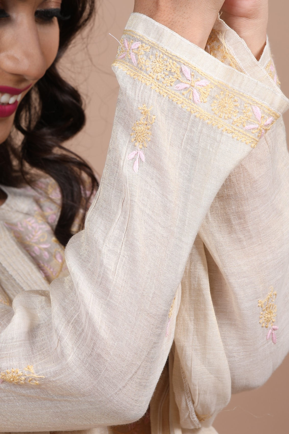 Ada Hand Embroidered Fawn Tissue Lucknowi Chikankari Semi-stitched Kurta Dupatta Set 01A224153