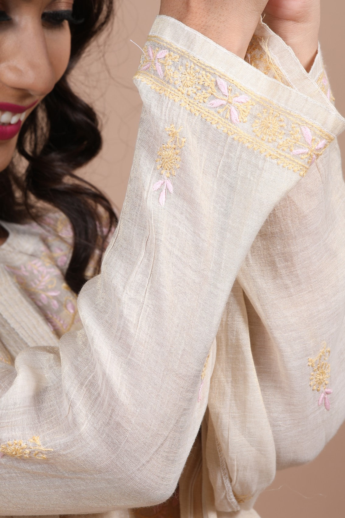 Ada Hand Embroidered Fawn Tissue Lucknowi Chikankari Semi-stitched Kurta Dupatta Set 01A224153