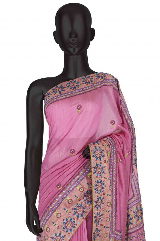 Ada Hand Embroidered Onion Pink Chanderi Lucknowi Chikankari Saree With Blouse-A97681