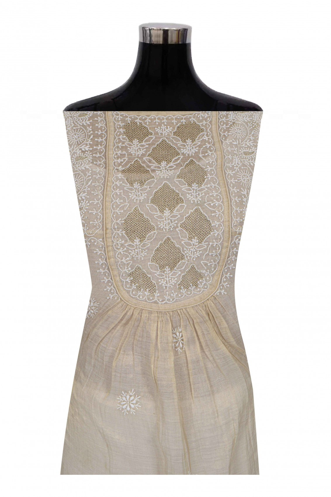 Ada Hand Embroidered Natural Fawn Tissue Lucknowi Chikankari Semi-Stitched Anarkali Kurta Dupatta Set 01A213937