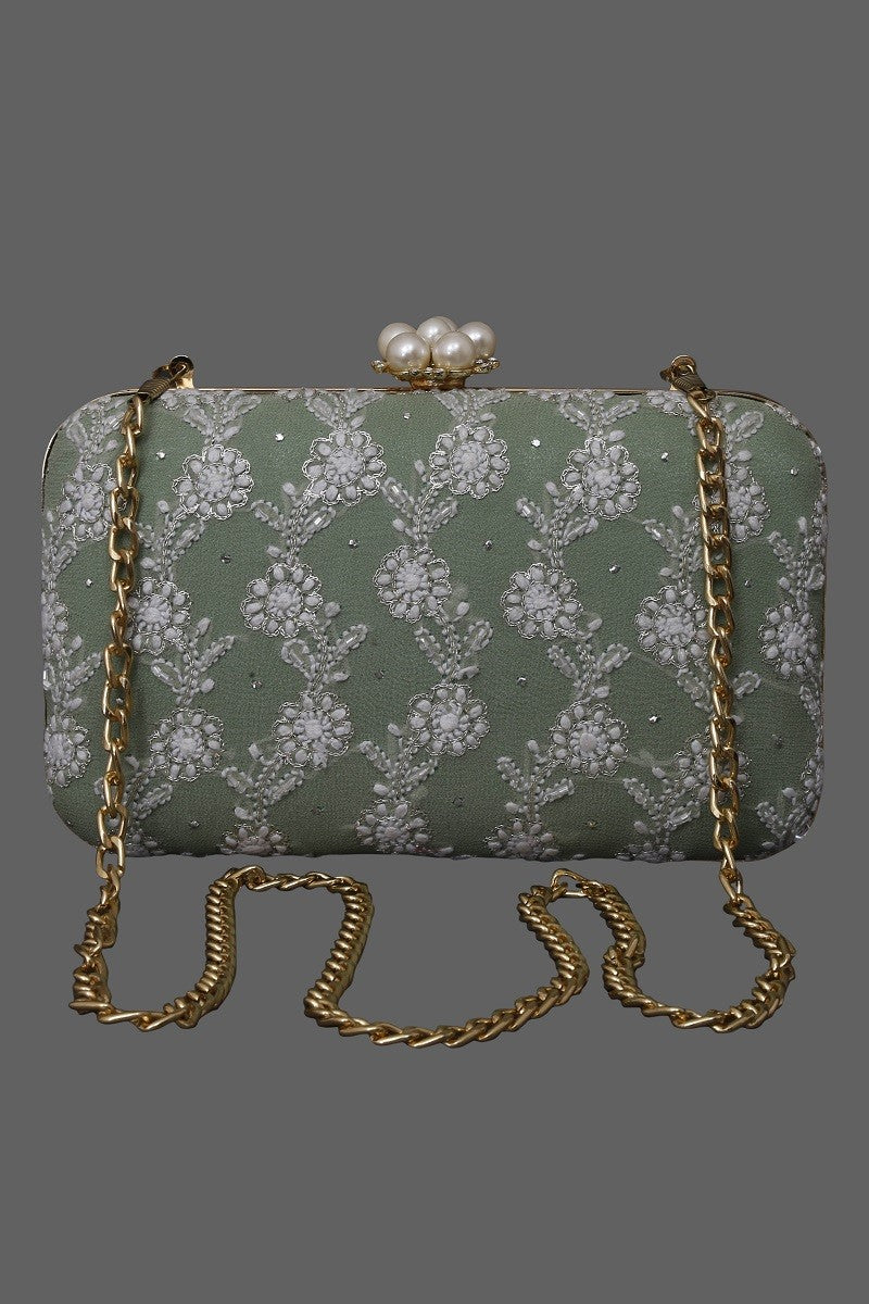 Ada Hand Embroidered Green Pure Georgette Lucknow Chikankari Clutch With Muqaish Work- A602046