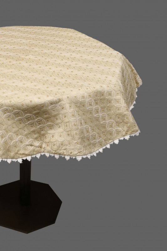Ada Hand Embroidered Natural Fawn Tussar Silk Lucknowi Chikankari Table Cover with Zari Work A507417