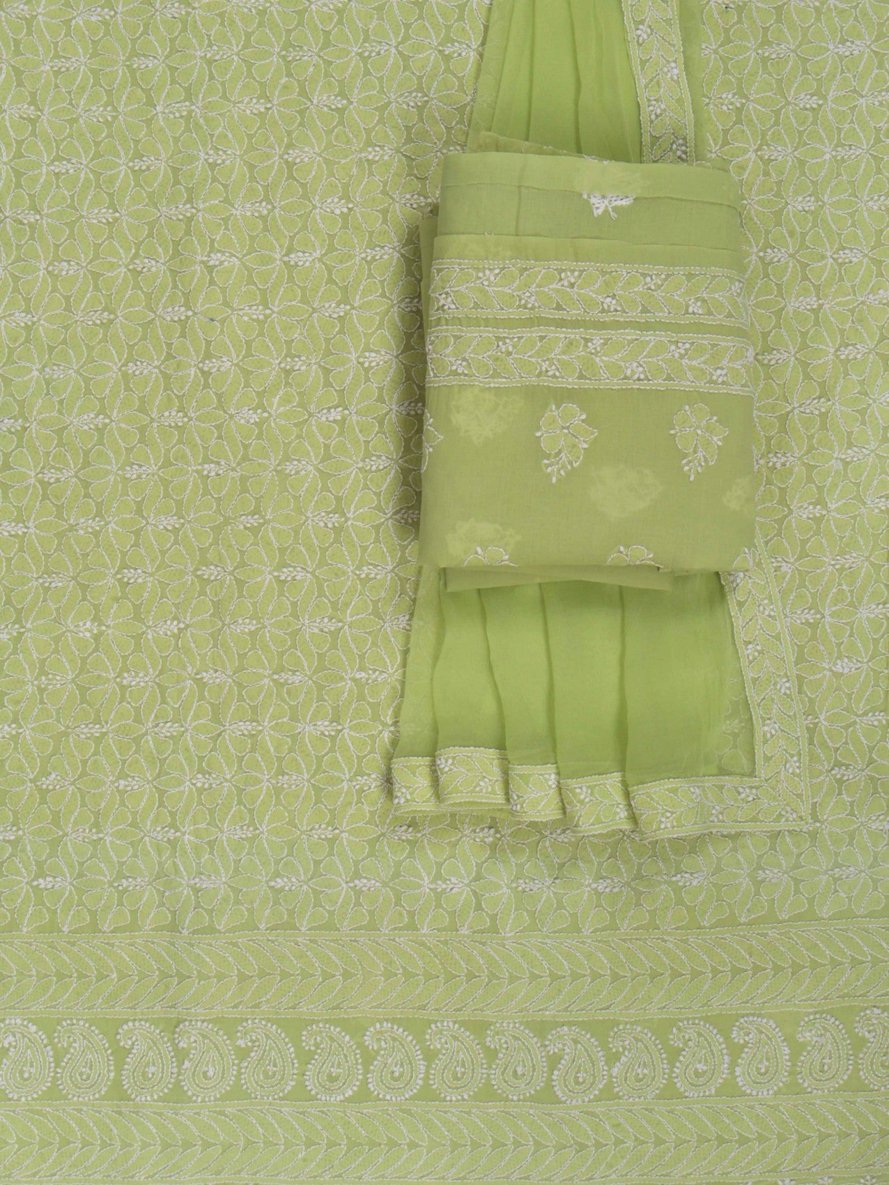 Ada Hand Embroidered Sheen Green Cotton Lucknowi Chikankari Unstitched Suit Piece 01A197623