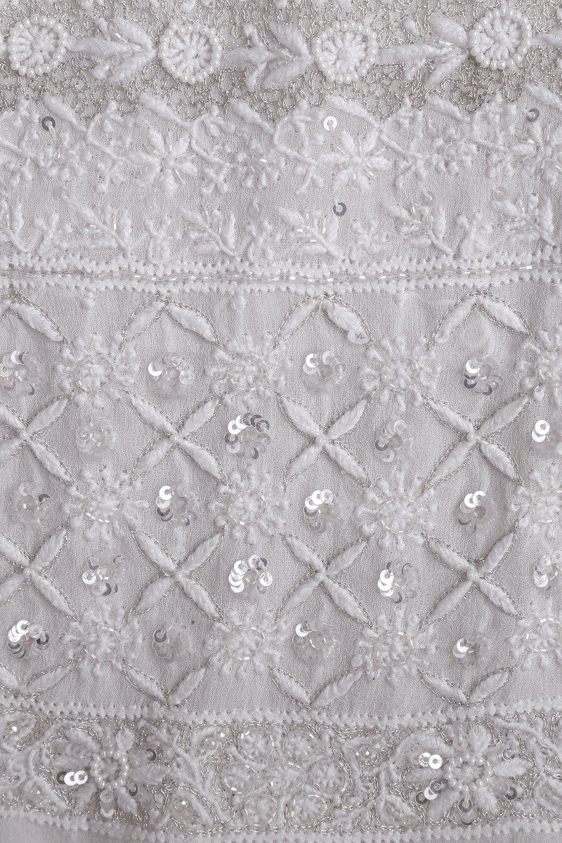 Ada Hand Embroidered White Pure Georgette Chikan Unstitched Kurta Dupatta Set With Pearl Work- A425092