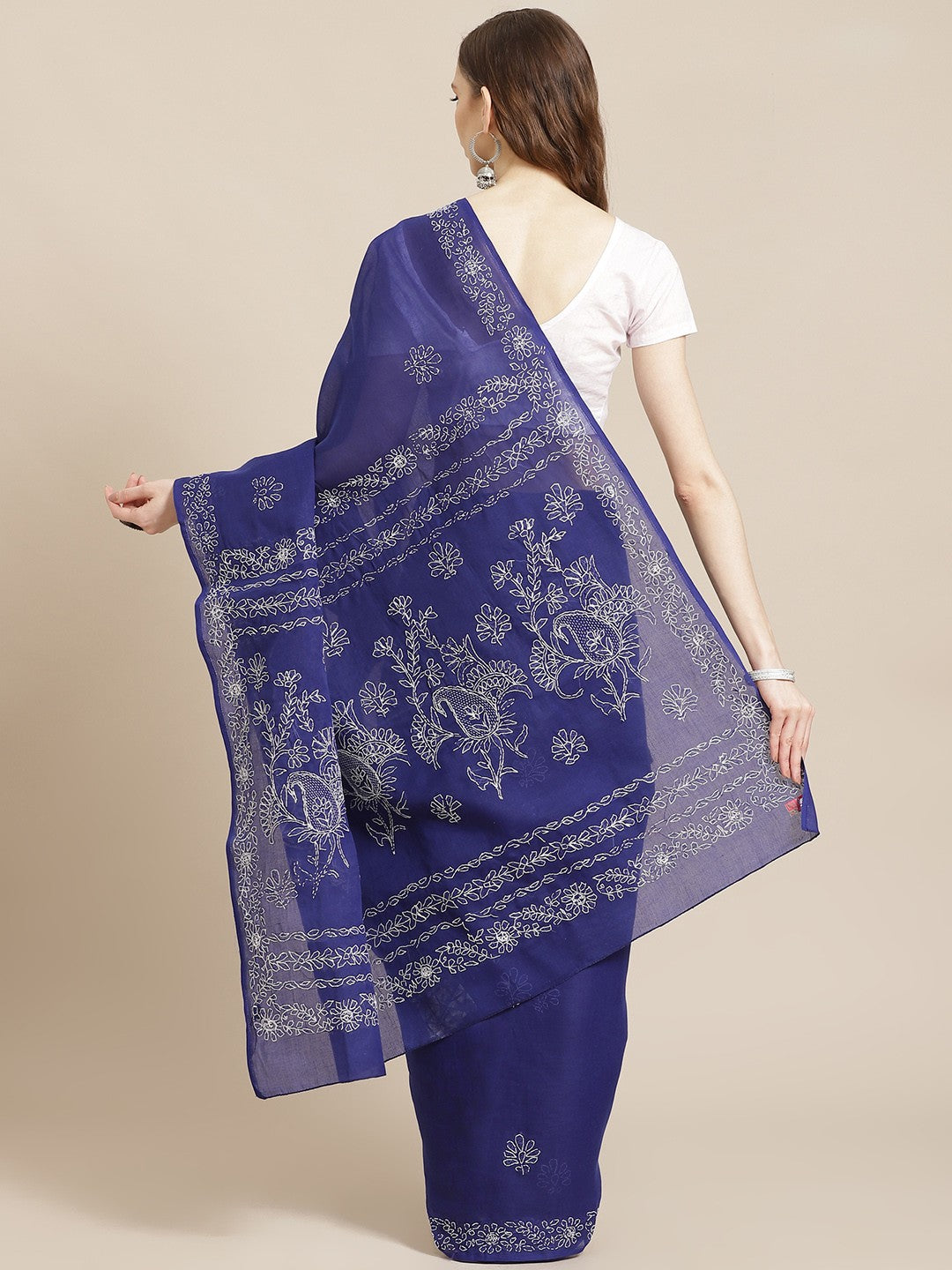 Ada Hand Embroidered Royal Blue Cotton Lucknow Chikan Saree With Blouse-A311201