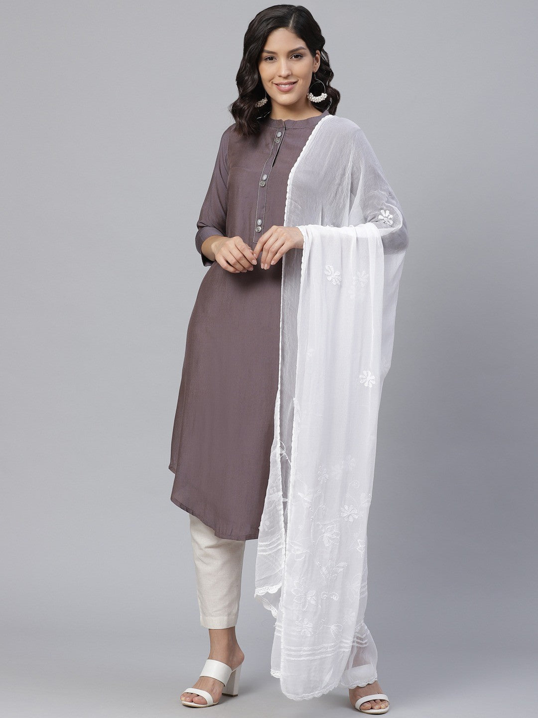 Ada Hand Embroidered White Chiffon Lucknowi Chikankari Dupatta – A100576