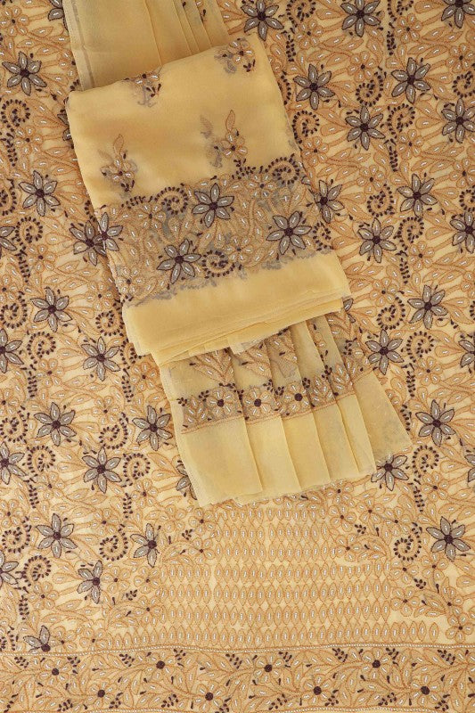 Ada Hand Embroidered Fawn Georgette Lucknowi Chikan Unstitched Suit Piece with Pearl Work A590386