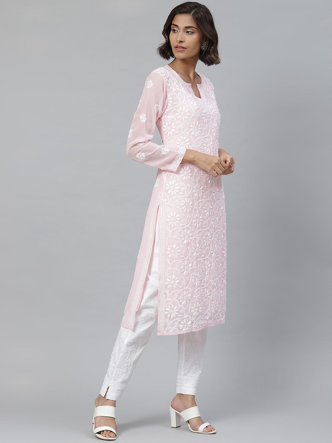 Ada Hand Embroidered Pink and White Georgette Lucknowi Chikankari Kurta Set with Slip A811121