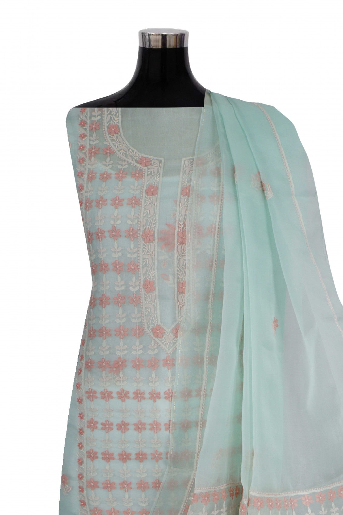 Ada Hand Embroidered Pista Green Organza Lucknowi Chikankari Unstitched Kurta Dupatta Set 01A250933