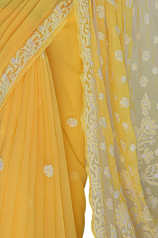 Ada Hand Embroidered Yellow Georgette Lucknowi Chikankari Saree with Blouse A621633