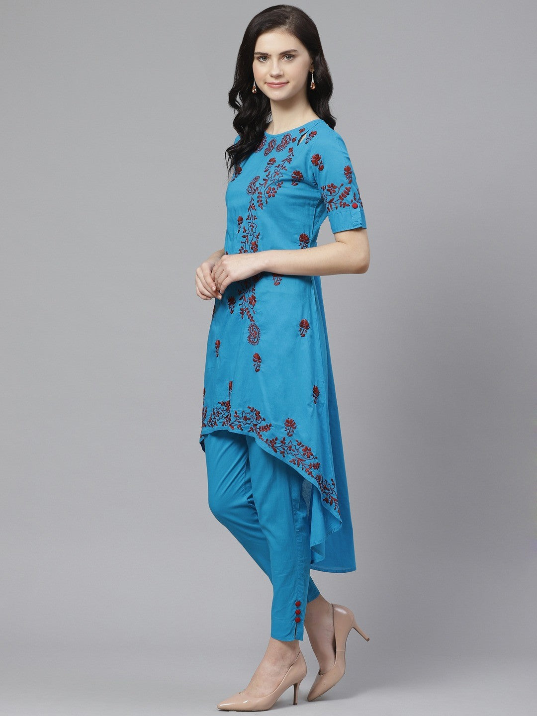Ada Hand Embroidered Blue Cotton Lucknowi Chikankari Straight Kurta With Trouser Set A100325