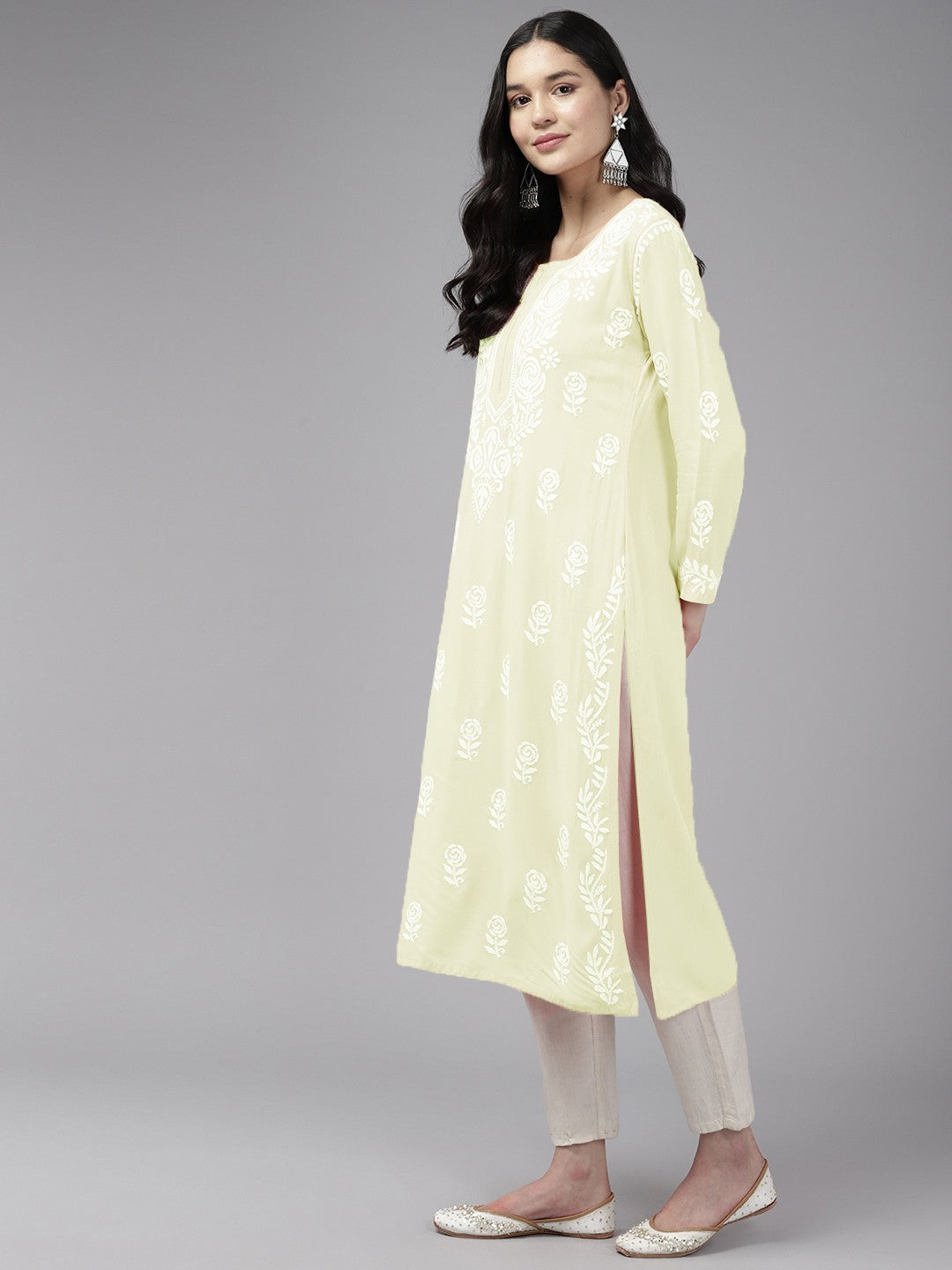 Ada Hand Embroidered Lemon Rayon Lucknowi Chikankari Straight Kurta A411452