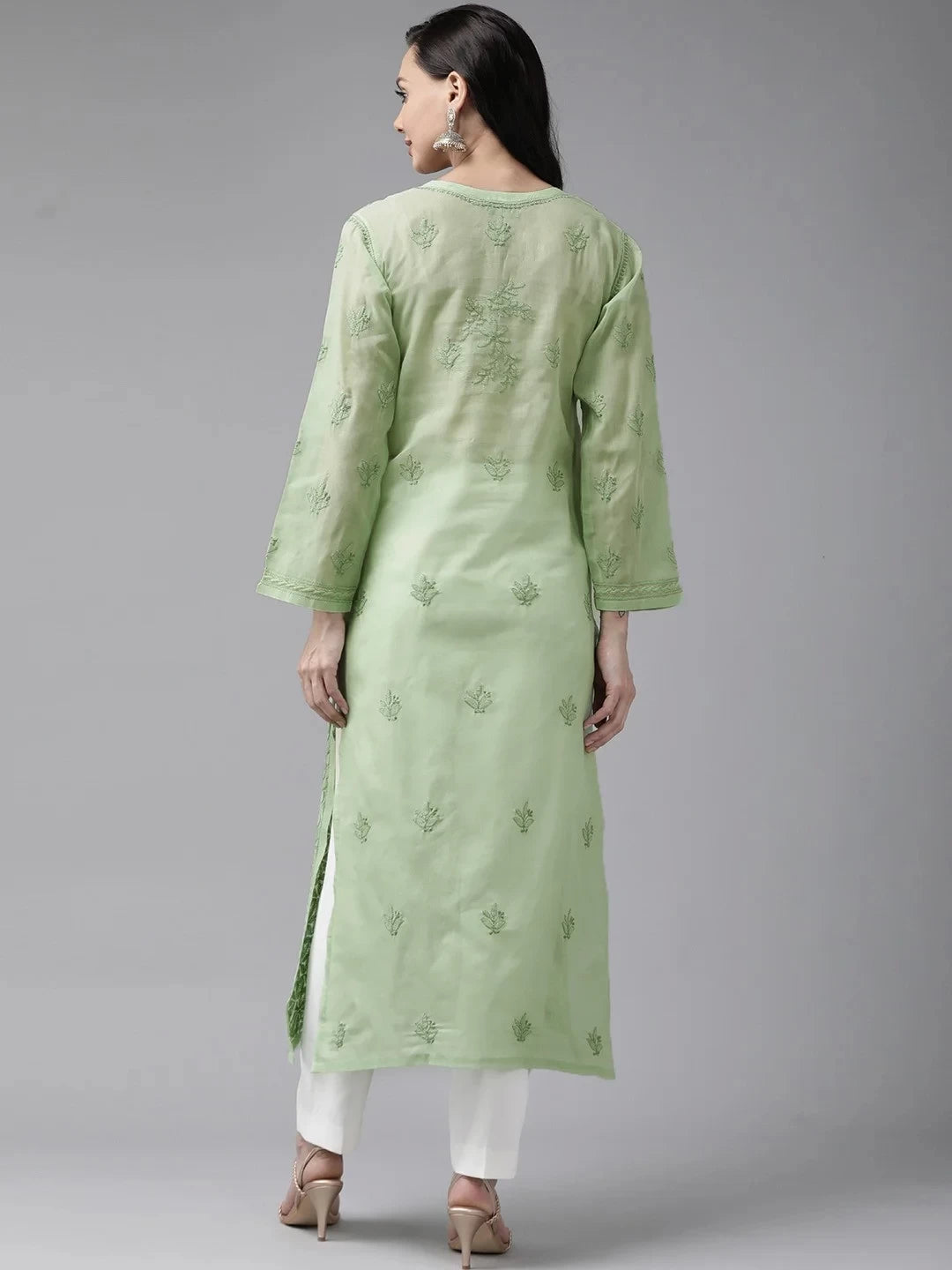 Ada Hand Embroidered Green Cotton Lucknowi Chikankari Straight Kurta A411246