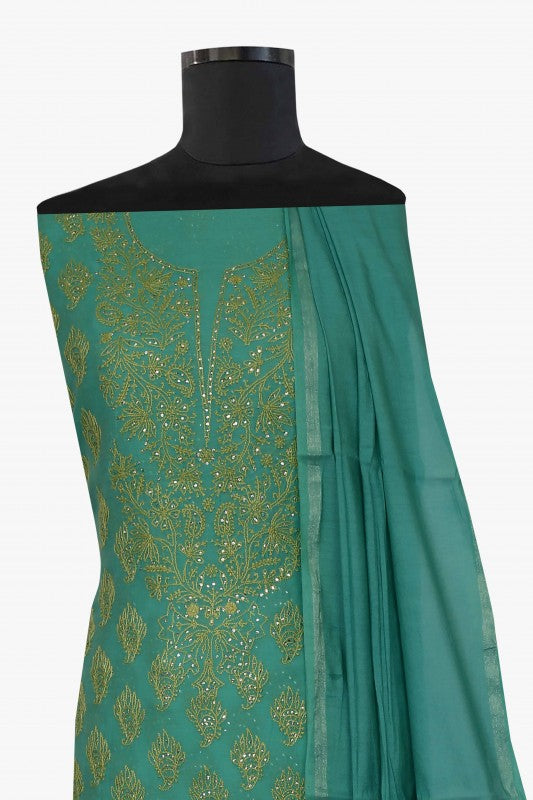 Ada Hand Embroidered Sea Foam Green Chanderi Lucknowi Chikan Unstitched Suit Piece With Muqaish Work–A588563