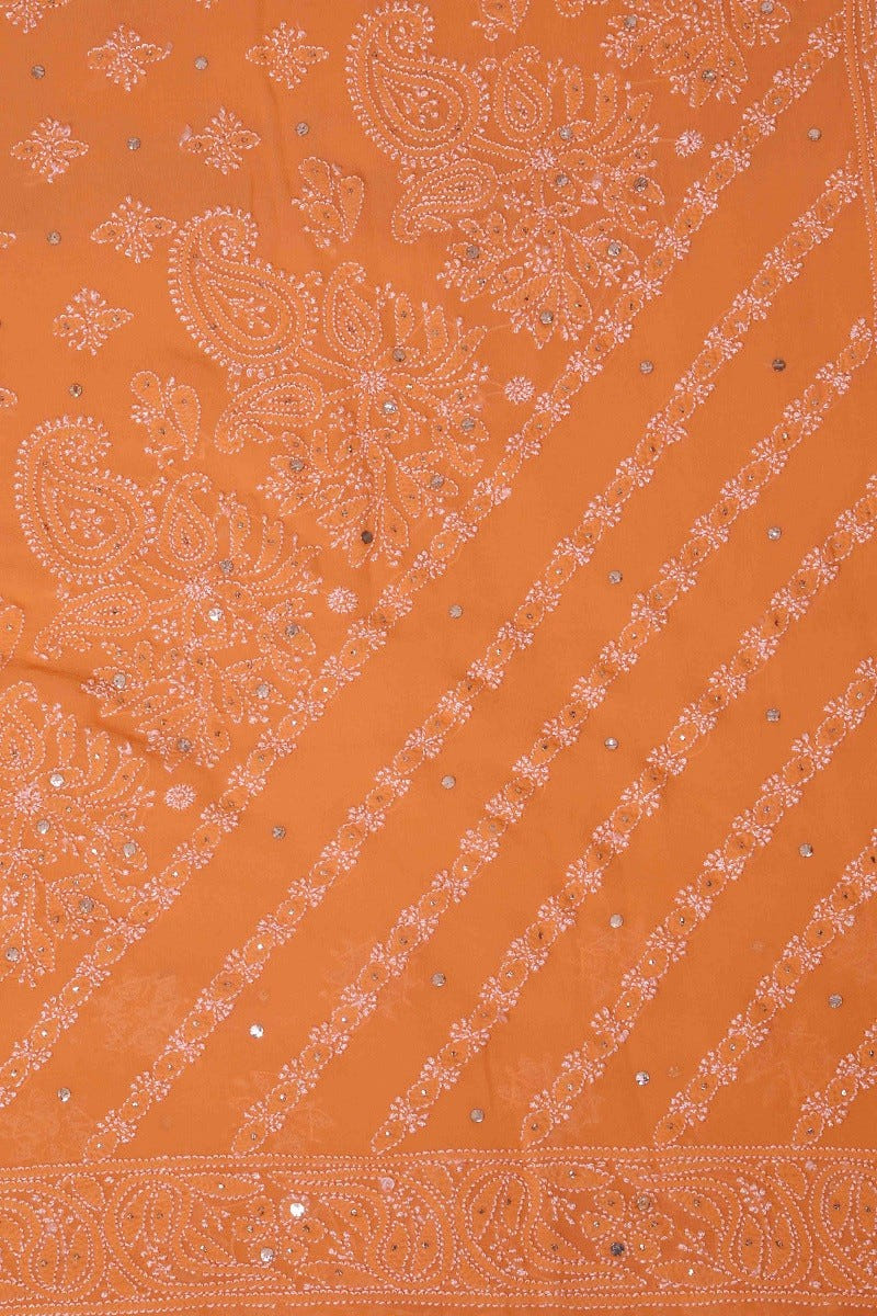 Ada Hand Embroidered Peach Pure Georgette Lucknowi Chikankari Saree/Blouse With Muqaish Work 01A100838