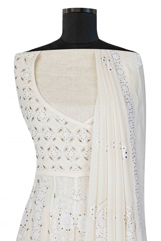 Ada Hand Embroidered Ivory White Pure Georgette Lucknowi Chikankari Semi-Stitched Anarkali Kurta Dupatta Set With Muqaish Work A501766