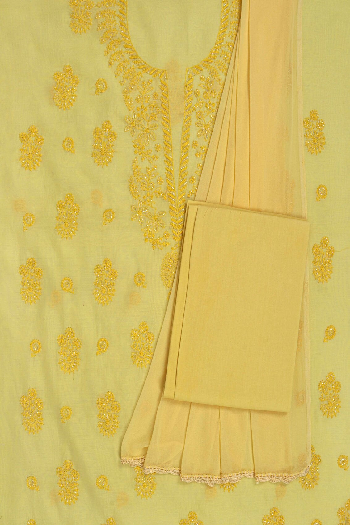 Ada Hand Embroidered Yellow Cotton Lucknowi Chikankari Unstitched Suit Piece With Cutdana Work A615368