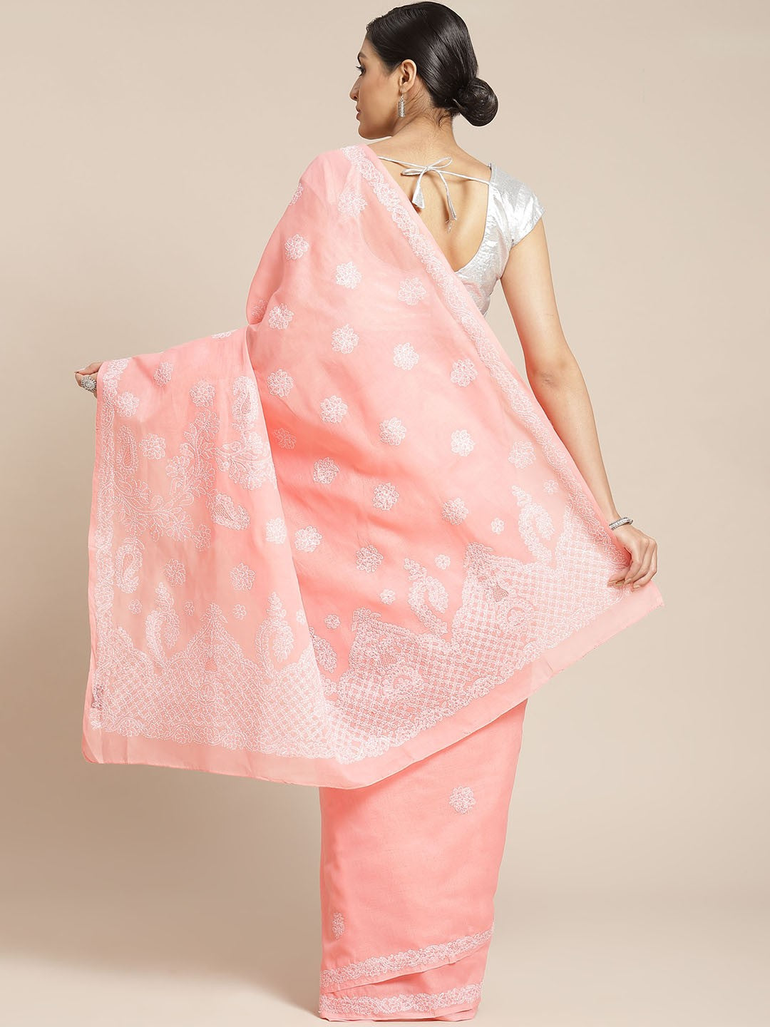 Ada Hand Embroidered Peach Cotton Lucknow Chikan Saree With Blouse- A311146