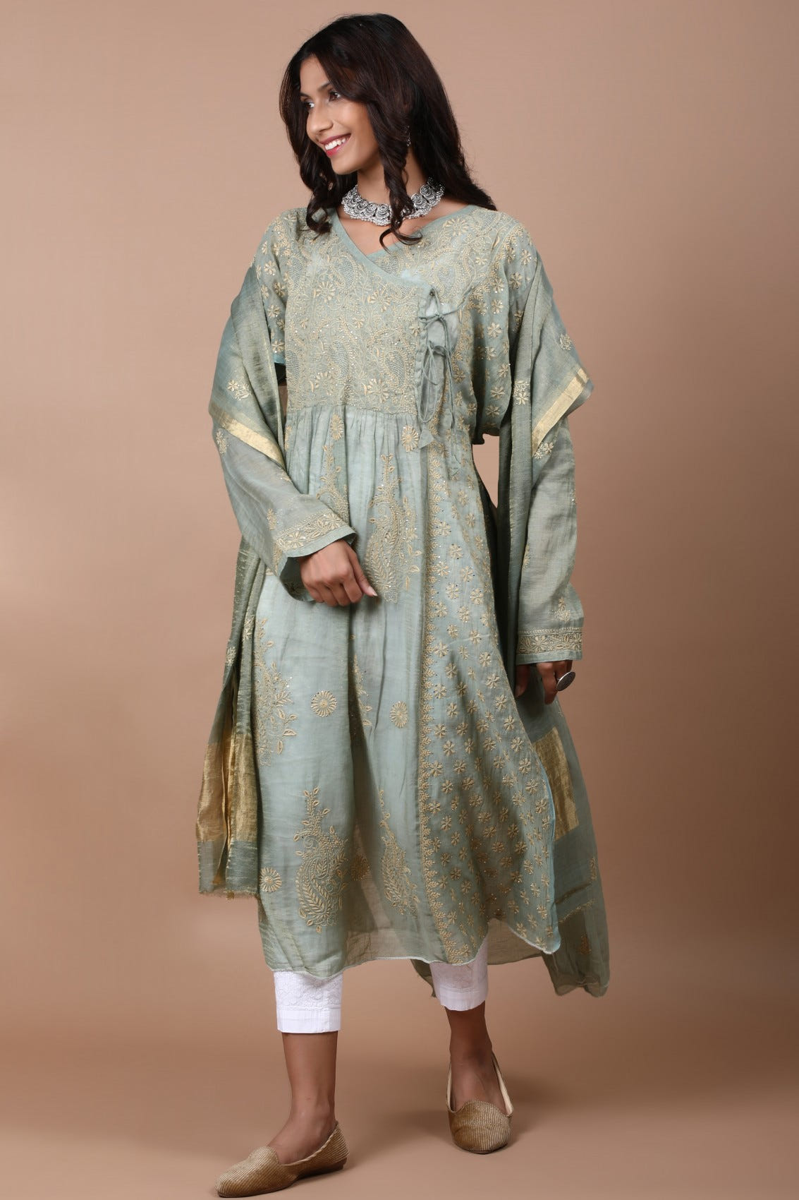 Ada Hand Embroidered Pickle Green Tissue Lucknowi Chikankari Semi-stitched Kurta Dupatta Set With Muqaish Work 01A189051