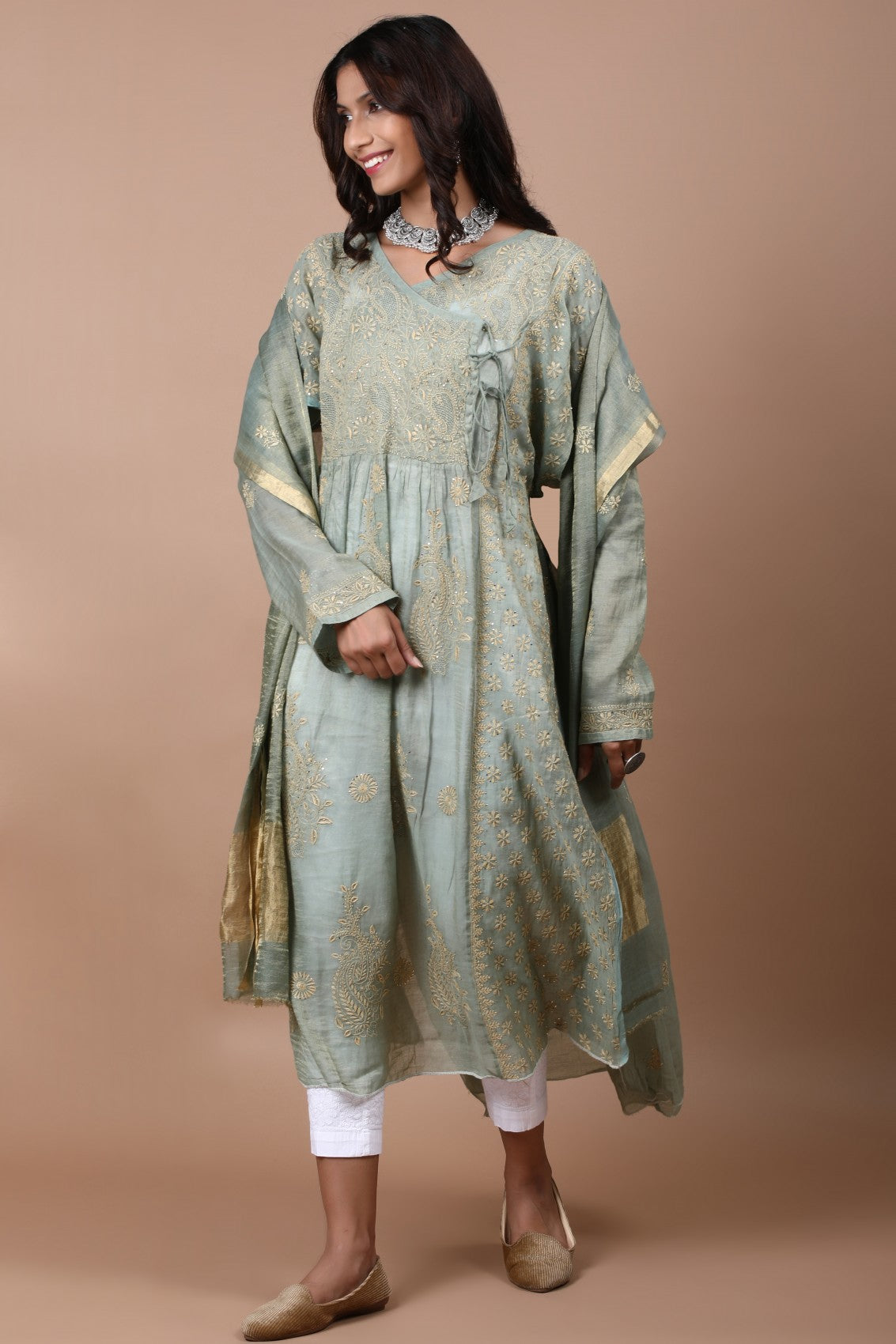 Ada Hand Embroidered Pickle Green Tissue Lucknowi Chikankari Semi-stitched Kurta Dupatta Set With Muqaish Work 01A189051