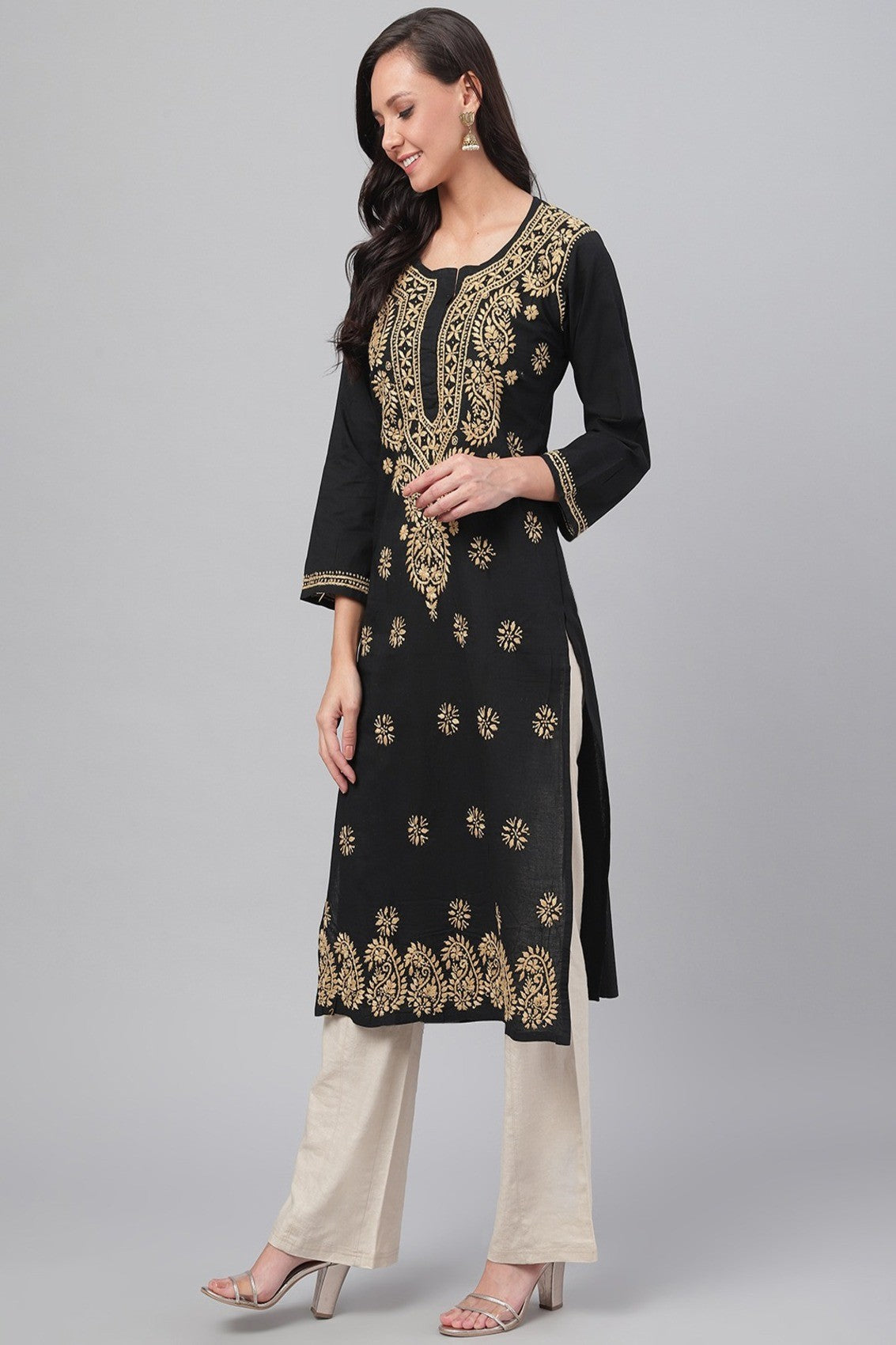 Ada Hand Embroidered Black Cotton Lucknowi Chikankari Straight Kurta A207632