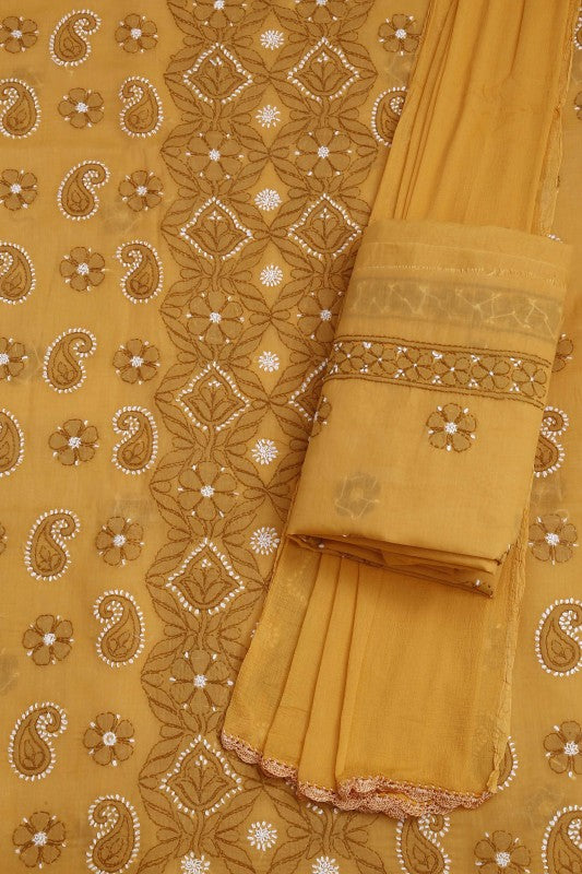 Ada Hand Embroidered Mustard Cotton Lucknowi Chikan Unstitched Suit Piece–A100173