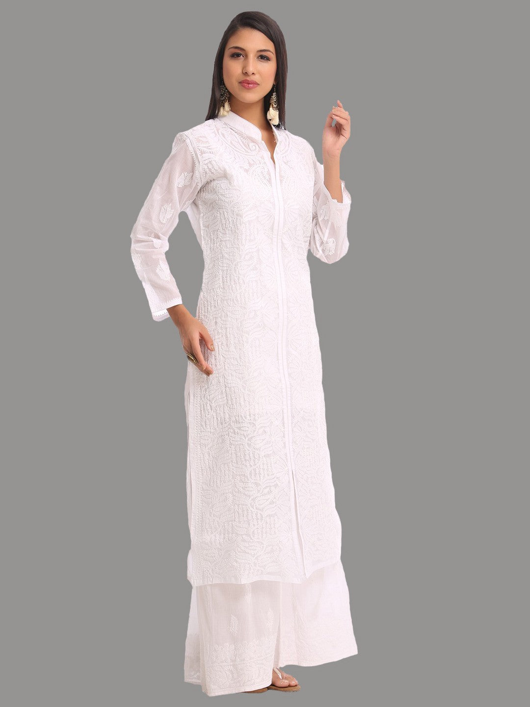 Ada Hand Embroidered White Cotton Lucknowi Chikankari Straight Kurta A230732